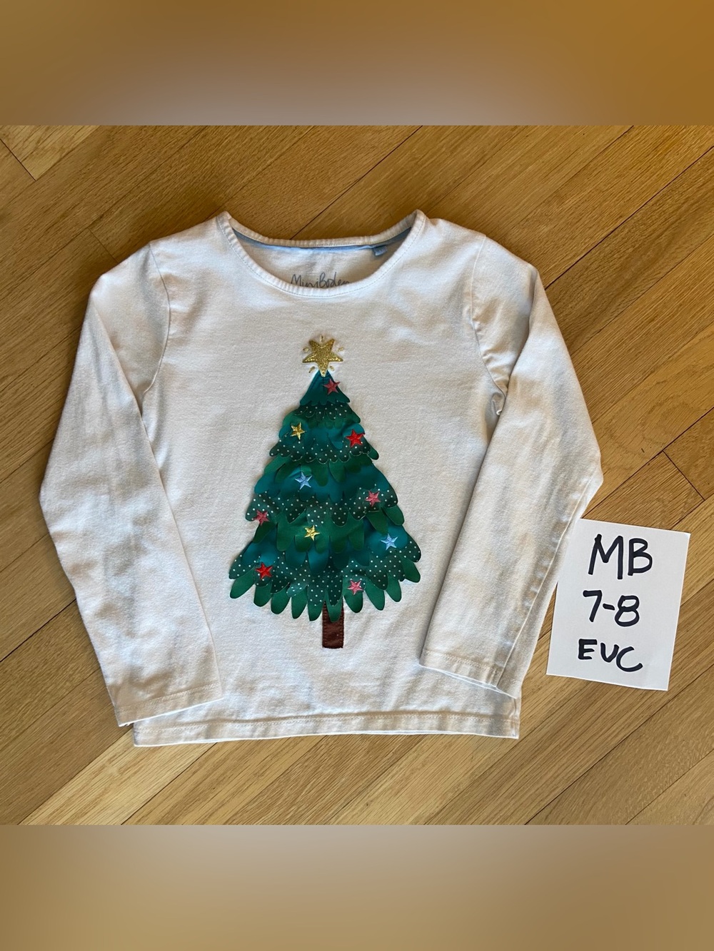 Mini Boden White Long-Sleeve Top with Green Christmas Tree  Size 7/8